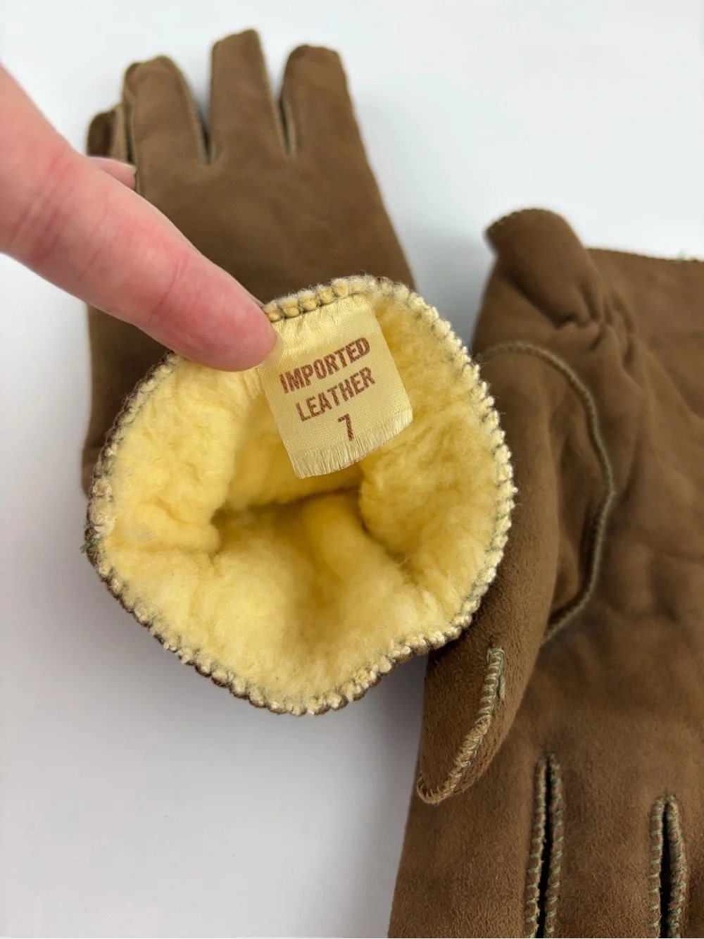 Brown Suede Leather Shearling Fur Lined Winter Gloves 7